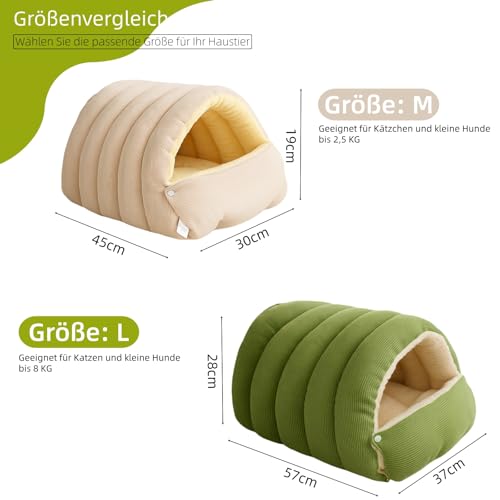 2 in 1 Warmes Katzenbett Winter 45cm, Kuschelhöhle Katze & Hundehöhle Kleine Hunde, Waschbar & Faltbar, Katzenkorb mit Dach, Plüsch Katzenschlafplatz & Versteck für Katzen mit Fellhandschuh(M)