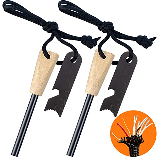 2 Packs Fire Starter, Magnesium Ferro Rod, Survival Igniter, 20,000+ Strikes, Beech Handle, with Neck Waxed Fire Tinder Paracord (28inch) & 6-in-1 Multi-Tool Striker