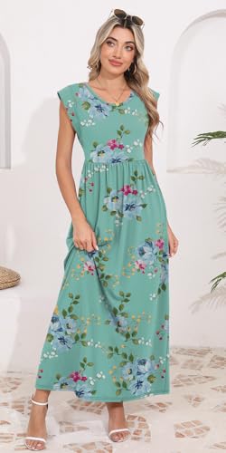 Image of DB MOON Womens 2026 Maxi Dresses Empire Waist Long Summer Dress Casual Cap Short Sleeve Sundress with Pockets