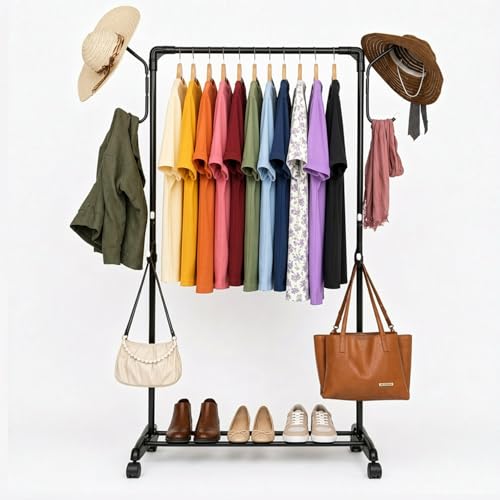 Image of LEOPAX Multipurpose Tree Coat Hanger Stand with Cloth Rail and Hooks, Durable Clothes Rack Organizer for Hanging Clothes, Bags and Accessories for Home, Living Room and Bedroom - Black