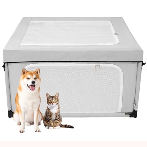 EHEYCIGA 42x42x26 Inches Puppy Playpen with Top Cover for Dogs & Cats Indoor or Outdoor - Dog Playpen with Door, Dog Fence for Small Animal with Heavy-Duty Oxford & Steel Frame, Sliver Grey