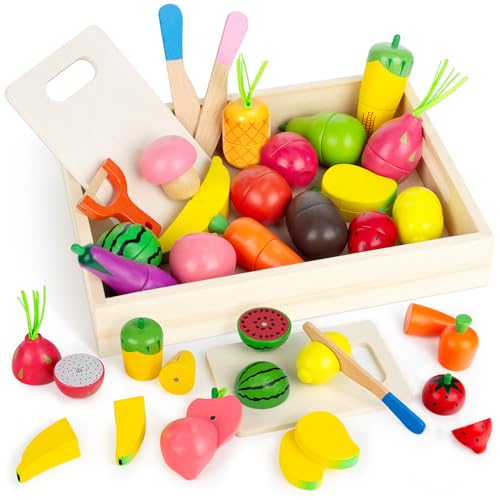 GOPLACS Wooden Play Food Sets for Kids Kitchen - Cutting Fruits and Veggies Toddler Toys Pretend Food Play Kitchen Accessories Montessori Educational Toys Gifts for Kids Boys Girls 3+