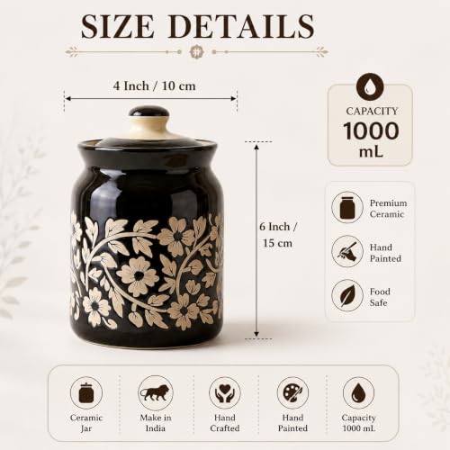 Image of D'Maiolica Ceramic Handmade Pickle Jars in 1000ml (set of 2) | Floral Bale 1 kg Achaar Martban | Ceramic Jadi for Kitchen Storage (Set of 2) | Jars for Achar, Spices, Salt (Regal Black Blossom)