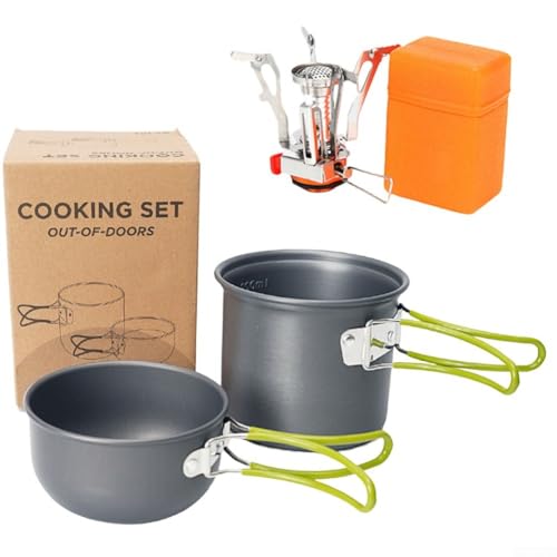 Tragbares Camping-Kochgeschirr-Set mit Töpfen, Pfannen, Schüsseln, Besteck und Herd, kompakt, leicht, platzsparend, Outdoor-Kochausrüstung für Rucksack (grüner Griff)