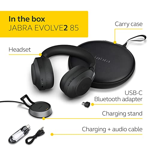 Image of Jabra Evolve2 85 380 /390c Wireless PC Headset with Charging Stand - Noise Cancelling UC Certified Stereo Headphones with Long-Lasting Battery - USB-C Bluetooth Adapter - Black