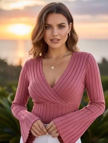 Image of Women Ribbed Knit V-Neck Wrap Top | Long Flare Sleeve Slim Fit Stylish Blouse for Casual