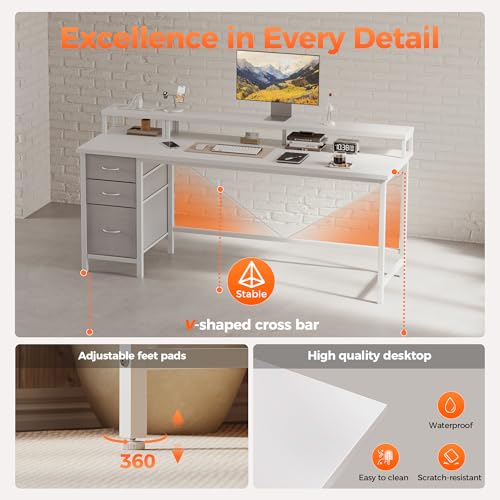 Image of Mericonia 63 inch Computer Desk with Drawers, Reversible Gaming Desk, White