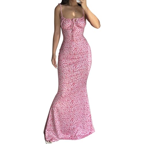 Women Backless Maxi Dress Sexy Sleeveless Spaghetti Strap Floral Bodycon Maxi Dress Cocktail Party Long Dress