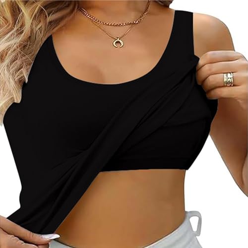 Top Damen mit Integriertem BH Baumwolle Sport Tank Top Verstellbare Breitere Underwear Hemdchen Rundhalsausschnitt Yoga Bottoming Underwear Eingebauter Sommer Gepolstert Tops Basic Tanktops
