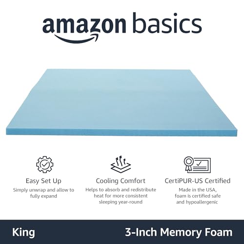 Image of Amazon Basics King Cooling Gel-Infused Memory Foam Mattress Topper, CertiPUR-US Certified, 3 Inches, Blue