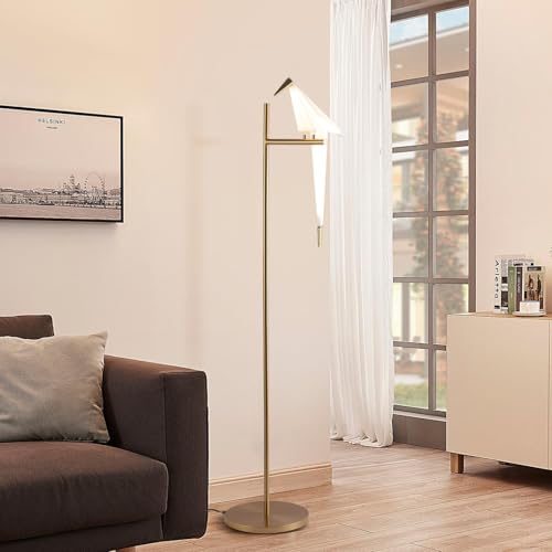Stehlampe Wohnzimmer Moderne Gold Papier Kran Swing Vogel LED Stehlampe,3000K Warme Acryl Lampenschirm Metall Basis Stehlampen F&uuml;R Wohnzimmer Schlafzimmer B&uuml;Ro Studie Lesen, 1 Kopf