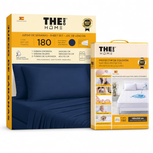 The one home Pack Cama 180 | Juego de Sábanas 4 Piezas 100% Algodón Puro + Protector de Colchón Impermeable Acolchado Onda | Cama 180x190/200 cm | Transpirable, Silencioso, Ajuste