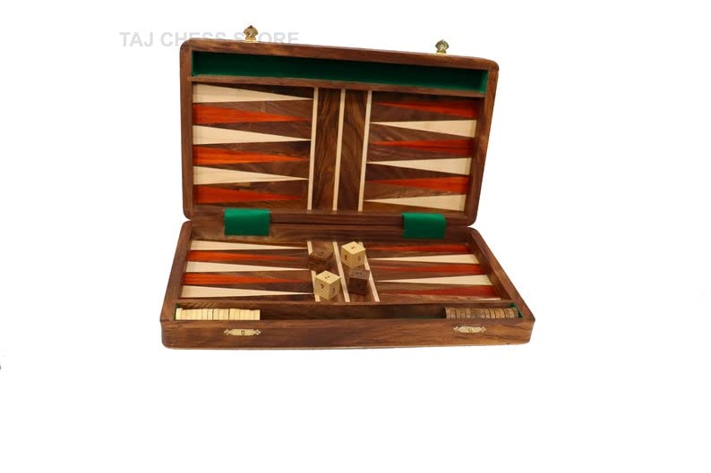 Set Backgammon pieghevole - Tavola da viaggio Backgammon in palissandro dorato da 14" (Sheesham) - Taj Chess Store