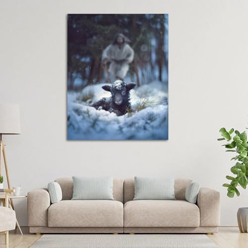Image of Jesus and Lamb Canvas Wall Art Jesus Runs for the Lost Sheep In Winter Forest Picture Wall Art Canvas Print Christian Home Decor 12x16 inch