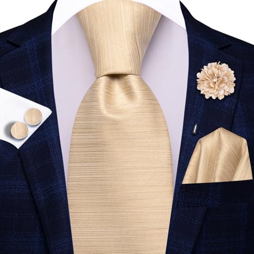 Image of Hi-Tie Men Silk Ties Set with Flower Lapel Pin Necktie Pocket Square Cufflinks for Tuxedo Wedding Business