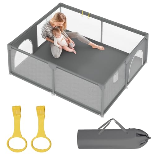 Eikuavons Parque infantil XXL 150 x 180 x 60 cm, con red transpirable, tejido Oxford 210D, portátil, con 2 anillos de tracción y puerta con cremallera, color gris
