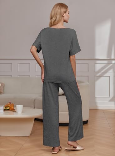 Image of Ekouaer Pajama Sets for Women 2 Piece Lounge Set Short Sleeve Tops and Long Pants Soft Comfy Pjs Sleepwear Outfits S-XXL