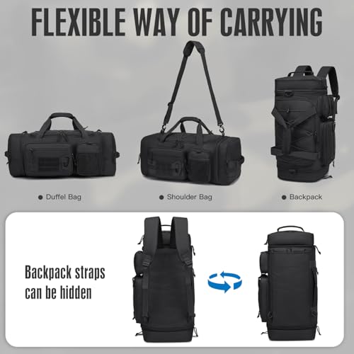 3 in 1 Tactical Gym Bag Backpack for Men 40-45L Expandable Travel Duffle Bag for Women Military Sport Duffel Bags Weekend Overnight with Shoe Compartment & Wet Pocket for Fitness, Black - Image 6