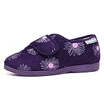 DUNLOP Womens Floral Print Touch and Close Slippers Ladies Memory Foam Machine Washable Shoes (Purple 7)