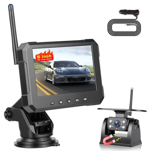 Hikity Écran IPS 5', Kit Caméra de Recul Solaire sans Fil pour Véhicules, Caméra Magnétique IP69 Grand Angle, Aide au Stationnement