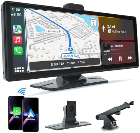 10.26" HD Carplay Screen for Car, Portable Wireless Apple Android Auto Carplay Stereo Car Audio Receivers with Voice Control, Backup Camera, Mirror Link, Bluetooth, GPS Navigation