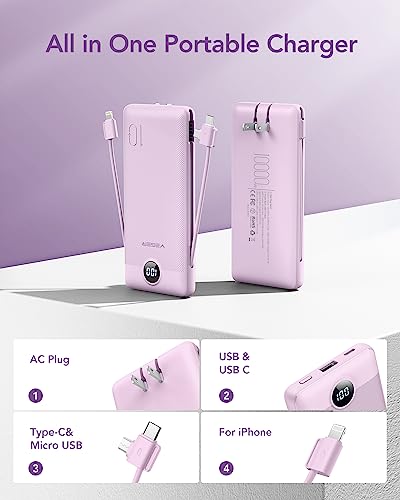 VEGER-Portable-Charger-for-iPhone-Built-in-Cables-and-Wall-Plug-10000mah-Slim-Fast-Charging-USB-C-Power-Bank-Travel-Essential-Battery-Pack-Compatible-with-iPhone-iPad-Samsung-More-DevicesPurple