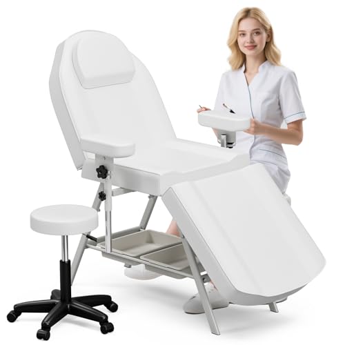 ONPNO Salon Tattoo Bed with Rotatable Armrests, Adjustable 3-Section Beauty Table with Storage Shelves, Professional Massage Chair, Facial Lash Bed for Client/Esthetician (White)