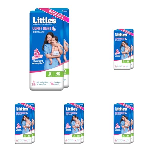 Image of Little's Baby Diapers S Size (Small) Pants Style | 4-8 kg | 80 Count | Comfy Nights Baby Diaper Pants with Leakage Guard & Upto 12 Hours Absorption (40 Count, Pack of 10)