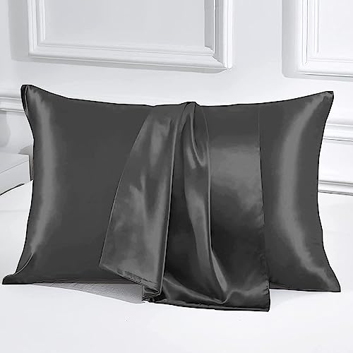 Image of Luxury Silk Satin Pillow Cover Standard Size 18 x 28 - Romantic Pillow Cover Set for Bedroom | Bridal Wedding Soft Luxury Bedding | Dark Grey, Pillow Covers (18 x 28)