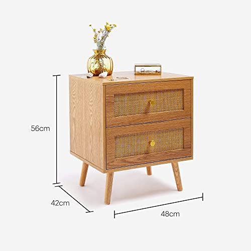 BTFY Rattan Bedside Tables Set of 2 - Nightstands w Ash Wood Veneer - Wicker Bedside Cabinets - Scandi Style 2 Drawer Bedside Tables for Bedroom w Tapered Legs & Gold Handles - Side Tables Living Room