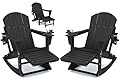 KINGYES Adirondack Rocking Chair Set of 2 with Retractable Ottoman and Cup Holders, HDPE Adirondack Rocker Patio Rocking Chair for Porch, Patio, Balcony, Black