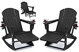 KINGYES Adirondack Rocking Chair Set of 2 with Retractable Ottoman and Cup Holders, HDPE Adirondack Rocker Patio Rocking Chair for Porch, Patio, Balcony, Black