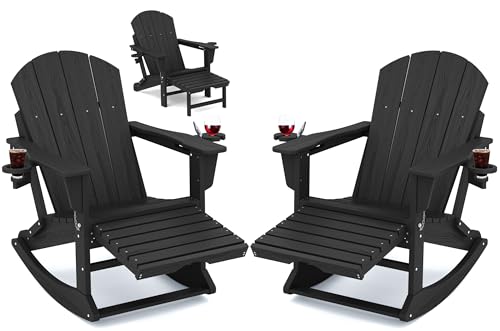 Folding Adirondack Rocking Chairs Set of 2 with Ottoman and Cup Holders for Outdoor Use