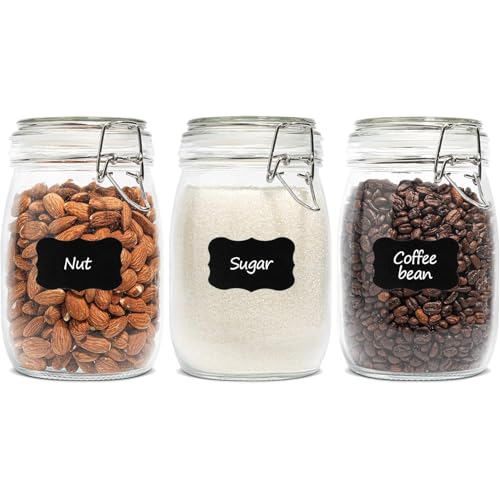 ComSaf Airtight Glass Canister Set of 3 with Lids 34oz Food Storage Jar Round - Storage Container with Clear Preserving Seal Wire Clip Fastening for Kitchen Canning Cereal,Pasta,Sugar,Beans,Spice