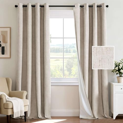 Image of Linen Blackout Curtains 96 Inches Long 100% Total Blackout Heavy-Duty Draperies for Bedroom Living Room Thermal Insulated Textured Functional Window Treatment Anti Rust Grommet (Natural, 2 Panels)