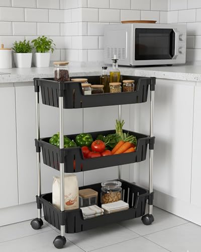 Image of JD FRESH 3-Tier Multi Storage Rack for Home & Kitchen /360-Degree Rotating Wheels with Breathable Kitchen Shelf Storage Rack /Plastic Rolling Cart for Kitchen, Bathroom, Office & Living Room (Black)