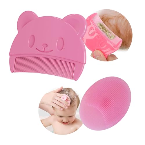 2 Stück Baby kamm und Badebürste für milchschorf Neugeborene Haarkamm Weichen Massagebürste Haarbürste schorfkamm kamm gegen milchschorf baby Entfernen kind (Rosa Kamm und Bürste)