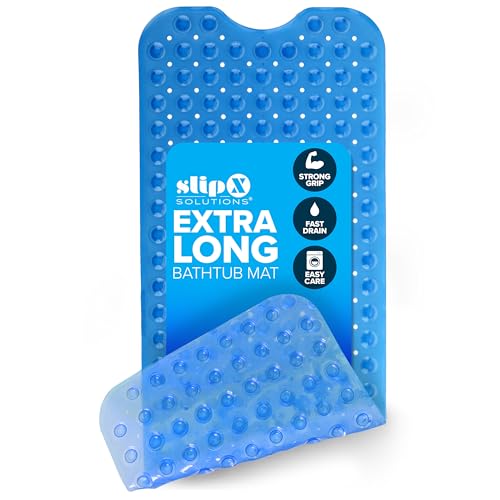 Image of SlipX Solutions 39x16 Extra Long Non Slip Bath Mat, Tub & Shower, Blue | Anti Slip Mat for Elderly & Kids Bathroom, 30% More Coverage, 200 Suction Cups, Hundreds of Drain Holes