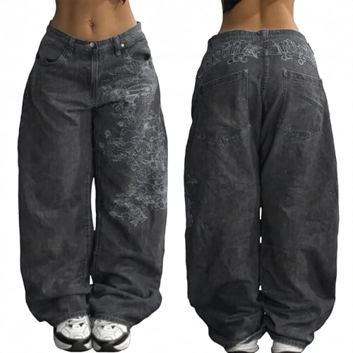 EMMIOL Women's Low Waist Baggy Jeans, Y2K Hip Hop Boyfriend Loose Denim Pants Grey S