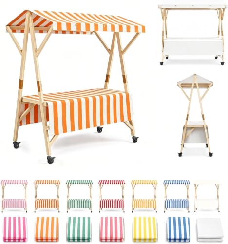 Carrito De Venta Portátil con Toldo, Carritos De Comida Móviles con Ruedas con Bloqueo, Puesto Ambulante Plegable, Kiosco Snack Madera, Stand Exhibición para Bazar Y Catering(Orange,L 120cm/47.2in)