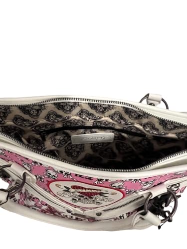 Bolso tipo tote ED HARDY en rosa y blanco con charm de diamantes de imitación y lema 'Love Kills Slowly' miniatura 4