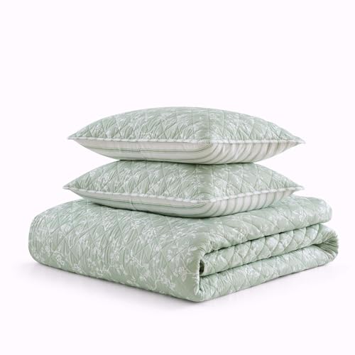 Image of Martha Stewart - King Quilt Set, 100% Soft Cotton Floral Bedding for Year Round Comfort, 3 Piece Bed Set with Matching Pillowcases (French Bird Floral Green)
