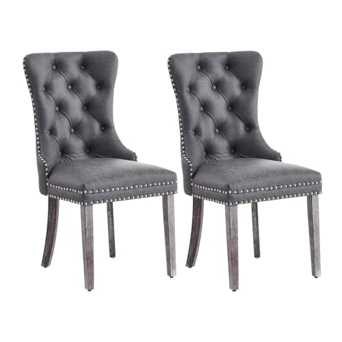 Image of Leather Dining Chairs, Upholstered Dining Room Chairs, Grey, Set of 2