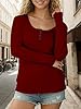FANGJIN Womens Tops Autumn Long Sleeve T Shirts Women Slim Fit Tops T-Shirts Jumpers for Women UK Women's Casual Y2k Henley Button Round Neck Wine Red Size 20 #3