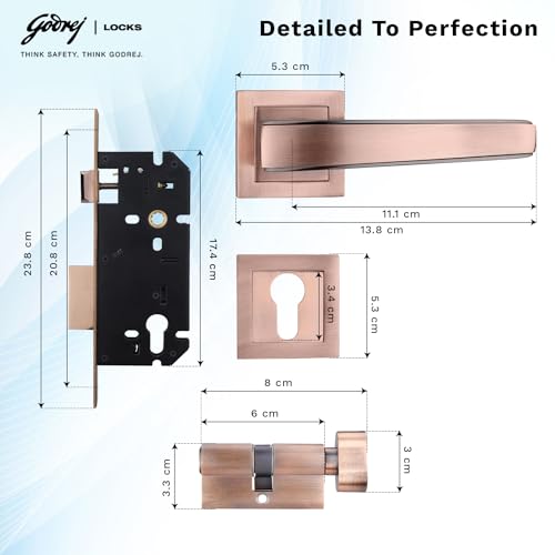 Image of Godrej Mortise Lock | Handle Lock Set for Main & Internal Doors | NEH 06 Home Decor Handle | Black Antique Copper Finish | 9 Inch Lockbody | 60mm 1CK Cylinder Knob from Inside Key Outside | 3 Keys