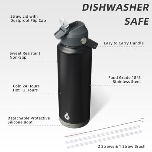 Image of BJPKPK Insulated Water Bottle with Straw Lid, 40oz Large Thermo, BPA Free Leak Proof Stainless Steel Metal Water Bottles, Tumblers, Cups, Flasks for Travel, Sports,Black