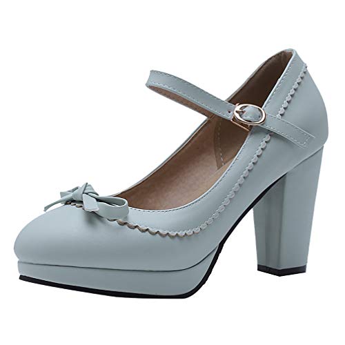 LOVOUO Mary Jane Chaussures Femme Escarpin Rockabilly Vintage Talon Carré Bloc Haut Plateforme Bride Cheville avec Noeud Boucle 8CM(Bleu Ciel,36)