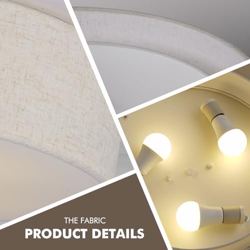 18-Inch Large Flush Mount Ceiling Light Fixture with Fabric Shade, Modern Drum Closed to Ceiling Lighting for Living Dining Room, Bedroom, Kitchen, Foyer - Farmhouse 3-Light Lamp & Chandelier - Image 5