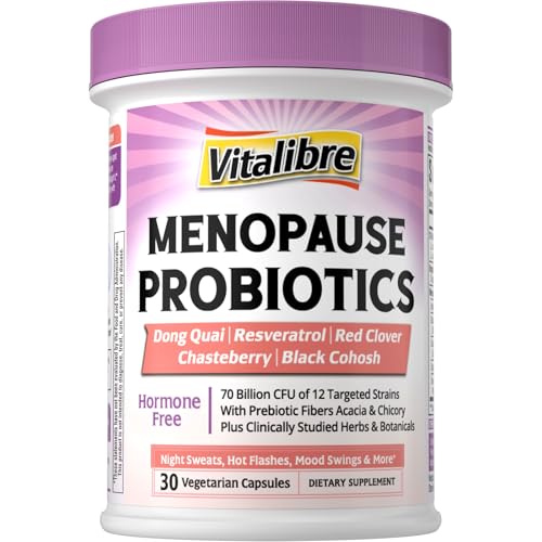 Vitalibre Menopause Probiotics for Women 70 Billion CFU, 12 Targeted Strains, Organic Prebiotics, Black Cohosh Resveratrol Red Clover Chasteberry Dong Quai, Hot Flash Night Sweat+, No Estrogen, 30 Ct
