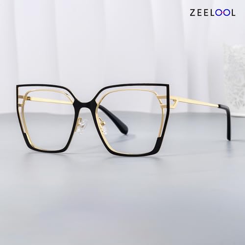 Image of Zeelool Square Blue Light Glasses for Women Oversized Metal Eyeglasses Black Designer Eyewear Glasses Anti Eyestrain Quinn JGM663645-05B